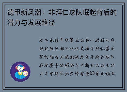 德甲新风潮:非拜仁球队崛起背后的潜力与发展路径 德甲新风潮:非拜仁球队崛起背后的潜力与发展路径
