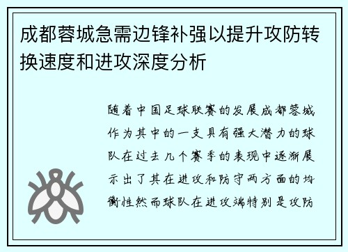 成都蓉城急需边锋补强以提升攻防转换速度和进攻深度分析