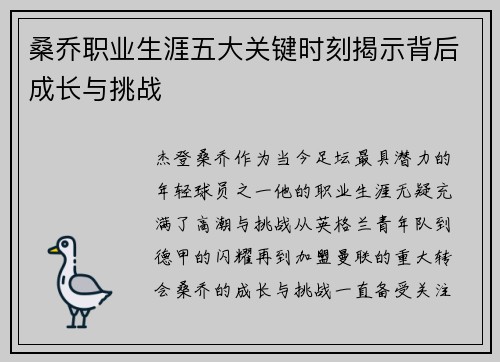 桑乔职业生涯五大关键时刻揭示背后成长与挑战