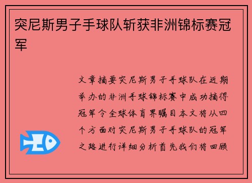 突尼斯男子手球队斩获非洲锦标赛冠军