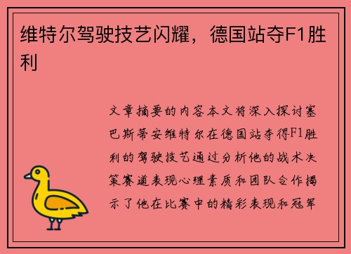 维特尔驾驶技艺闪耀，德国站夺F1胜利