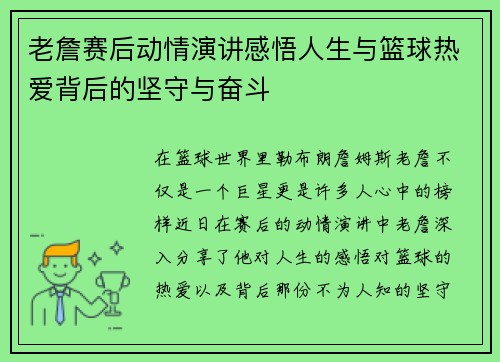 老詹赛后动情演讲感悟人生与篮球热爱背后的坚守与奋斗 老詹赛后动情演讲感悟人生与篮球热爱背后的坚守与奋斗