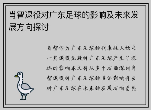 肖智退役对广东足球的影响及未来发展方向探讨