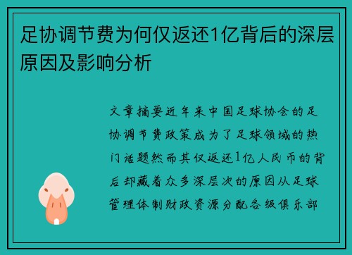 足协调节费为何仅返还1亿背后的深层原因及影响分析